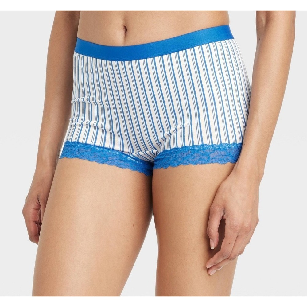 Women's Cotton Blend Boy Shorts Underwear with Lace - Auden - L 12-14 - Blue